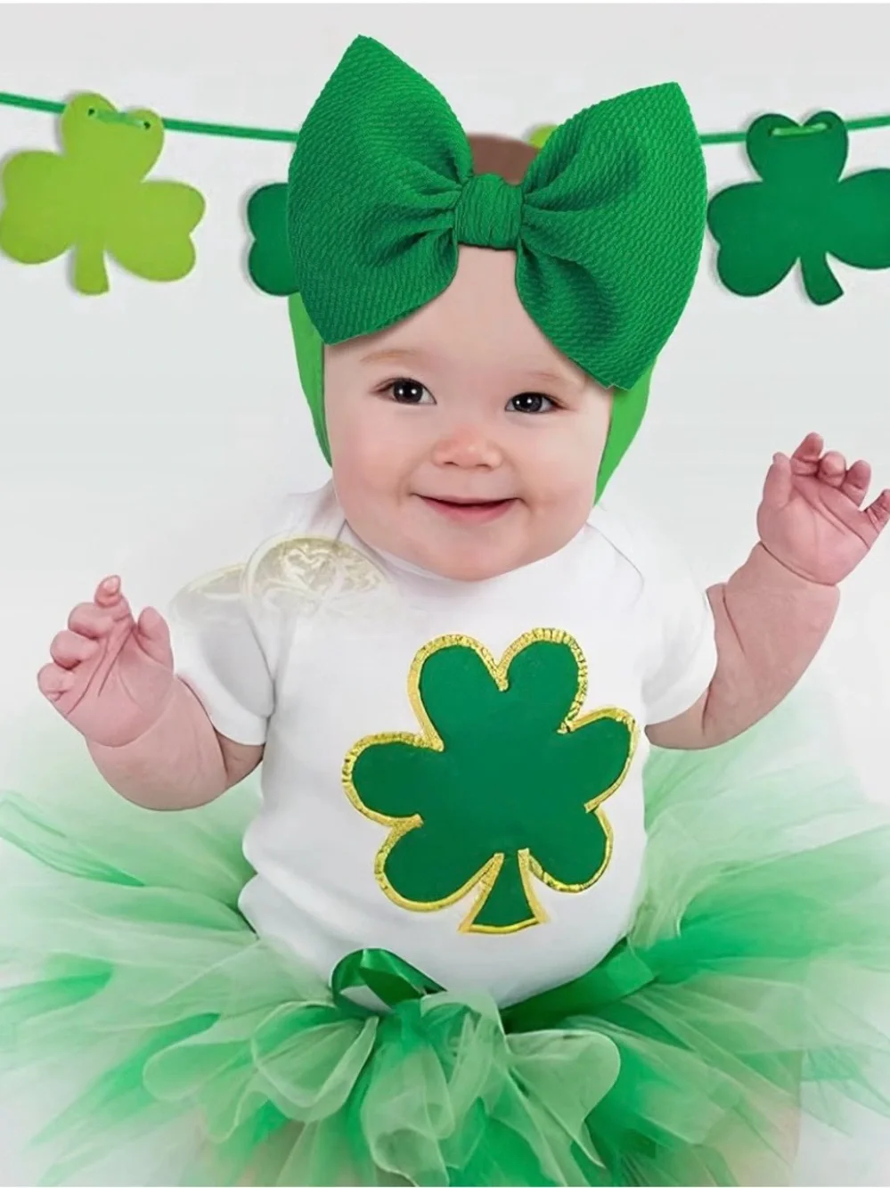 2 St. Patrick’s Day Baby Girl Oversized Bow Headbands Shamrock Green